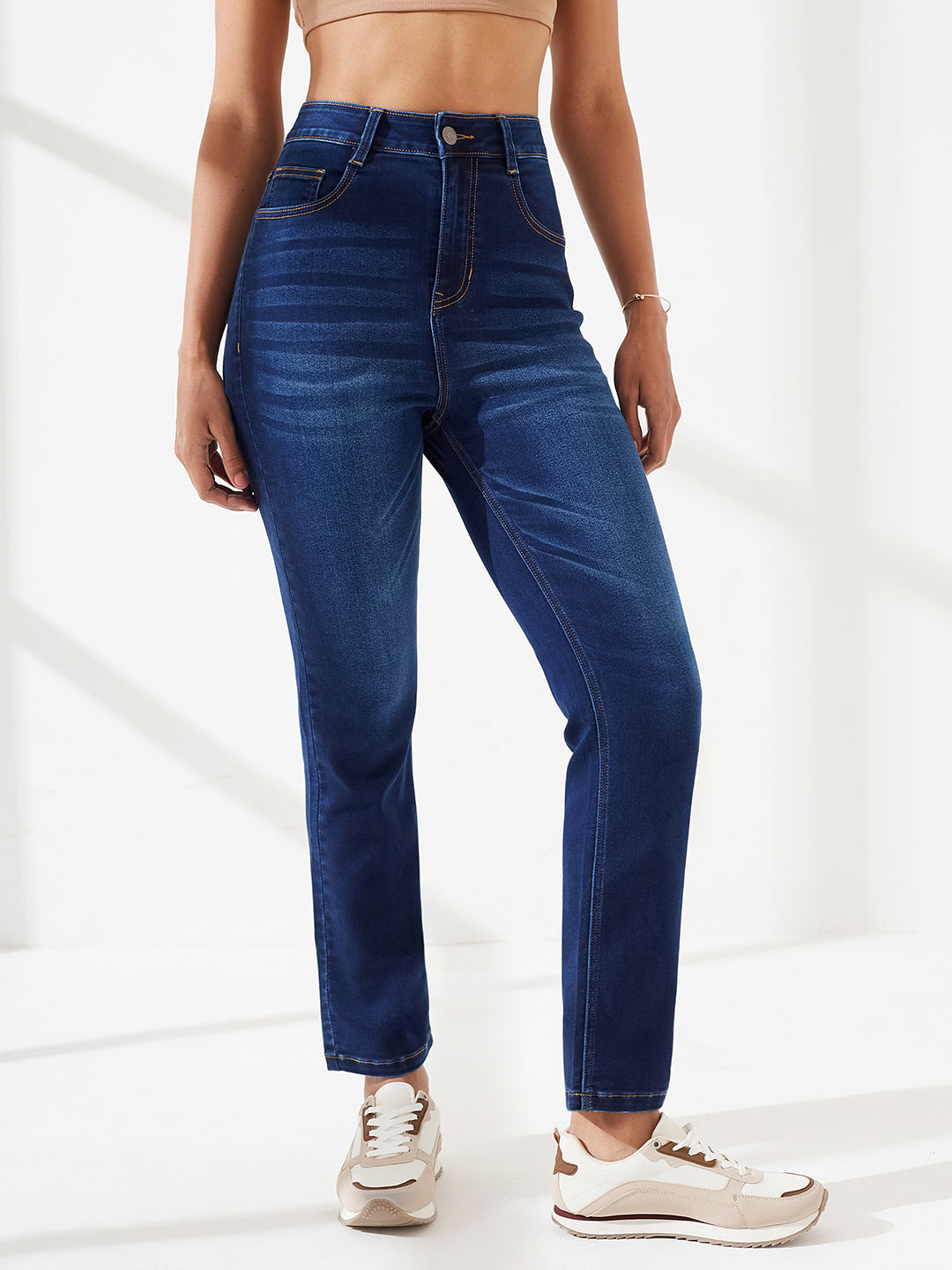 CHASEshape™ Mid-Rise Navy-Blue Semi-Straight-Fit Stretchable Jeans with Whiskering & Dark Wash Finish for Women