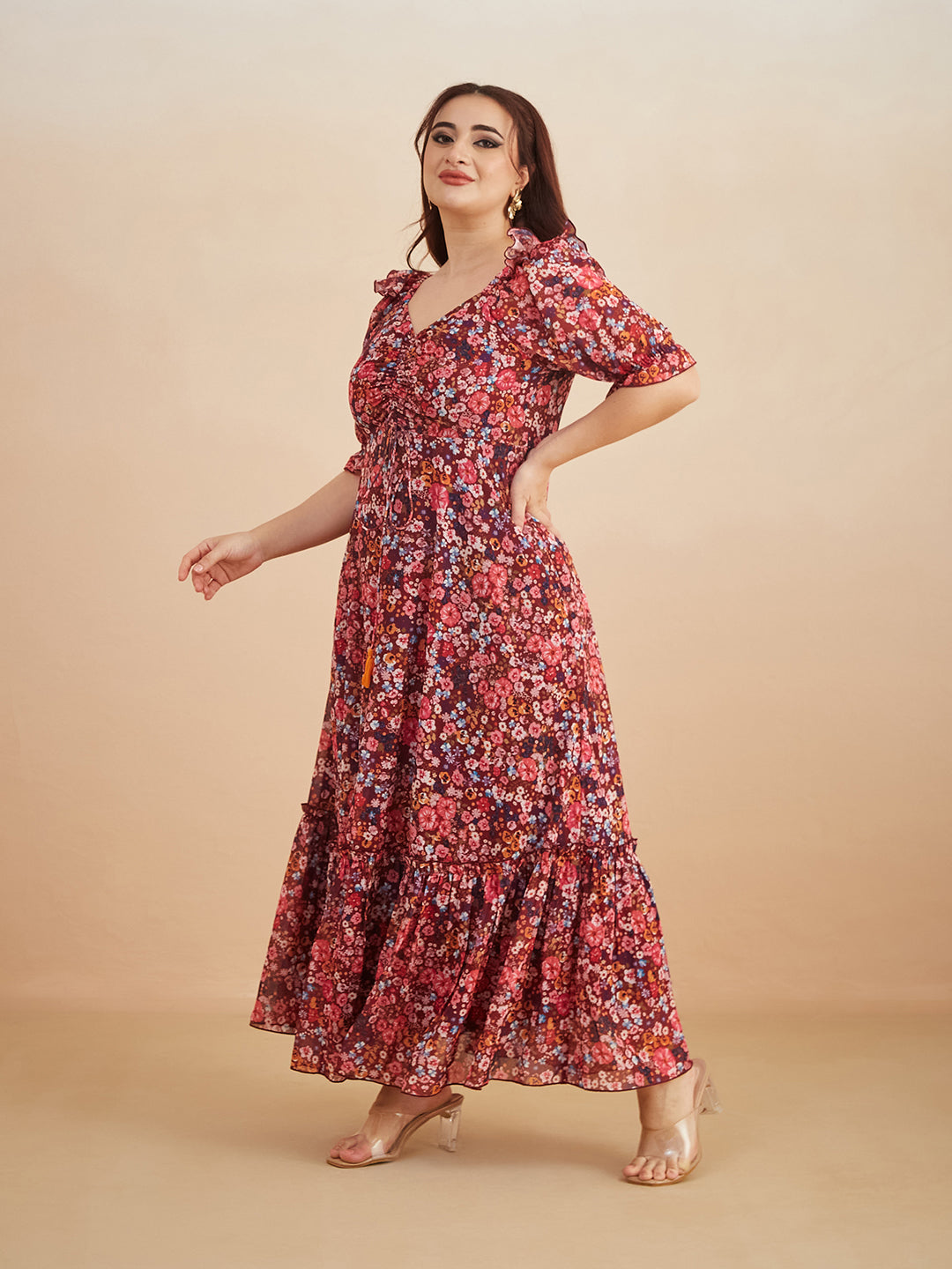 Multicolored-Base-Wine V-Neck Puff Sleeve Floral Ruching Ankle-Length Dress for Women