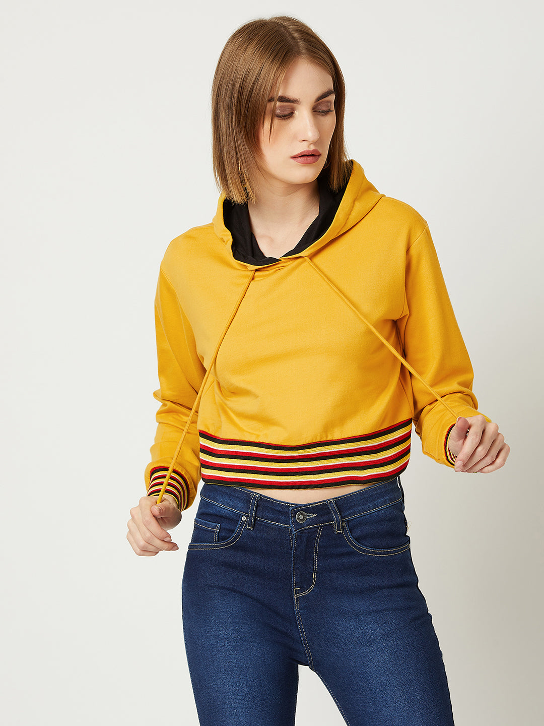 Women's Mustard Yellow Hooded Full Sleeves Loop knit, Rib Solid Boxy Cropped Eyelet Detailing Sweatshirt