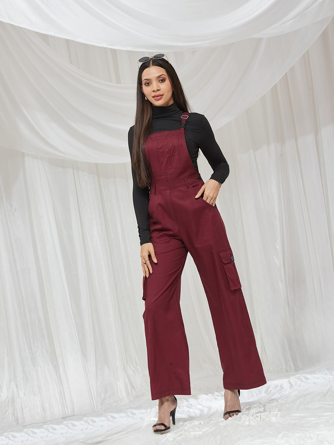 Maroon Square Neck Sleeveless Solid Full Length Cotton Dungaree for Women