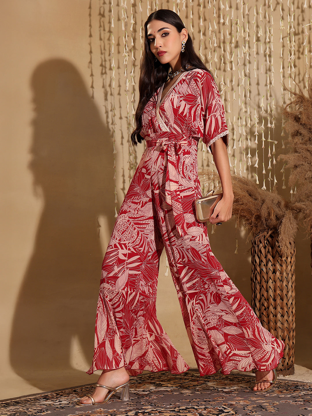 Women's Multicolored-Base-Maroon V-Neck Half Sleeve Floral Kimono Regular-Length Chiffon Jumpsuit