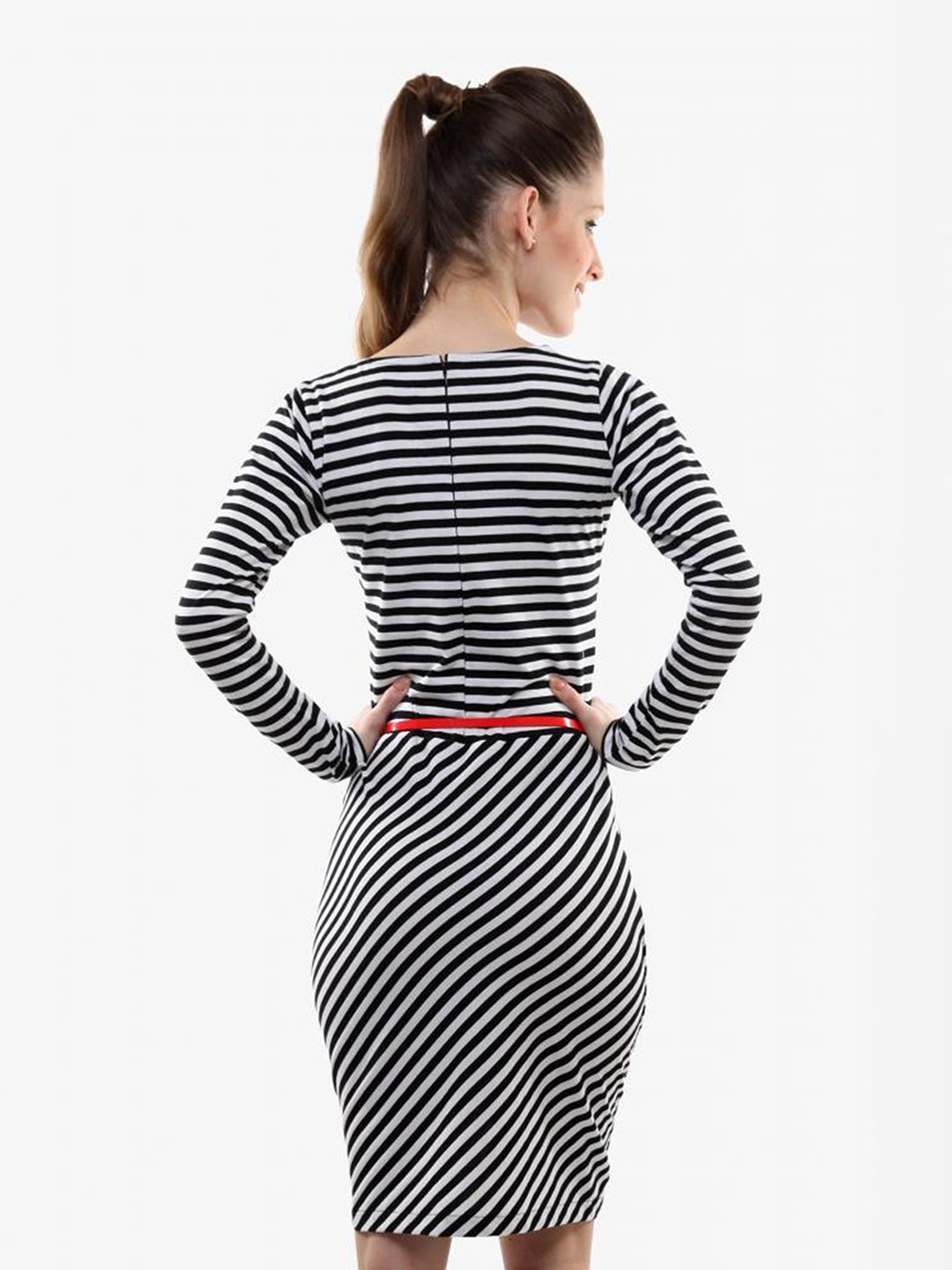 Black and White Round Neck Full Sleeves Stripe Dress for Women