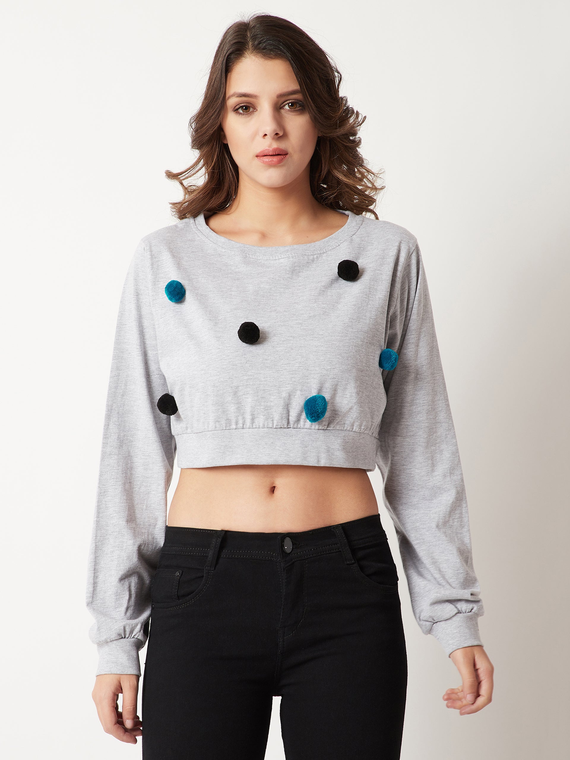 Women's Grey Round Neck Full Sleeve Cotton Solid Boxy Pompom Detailing Crop Top