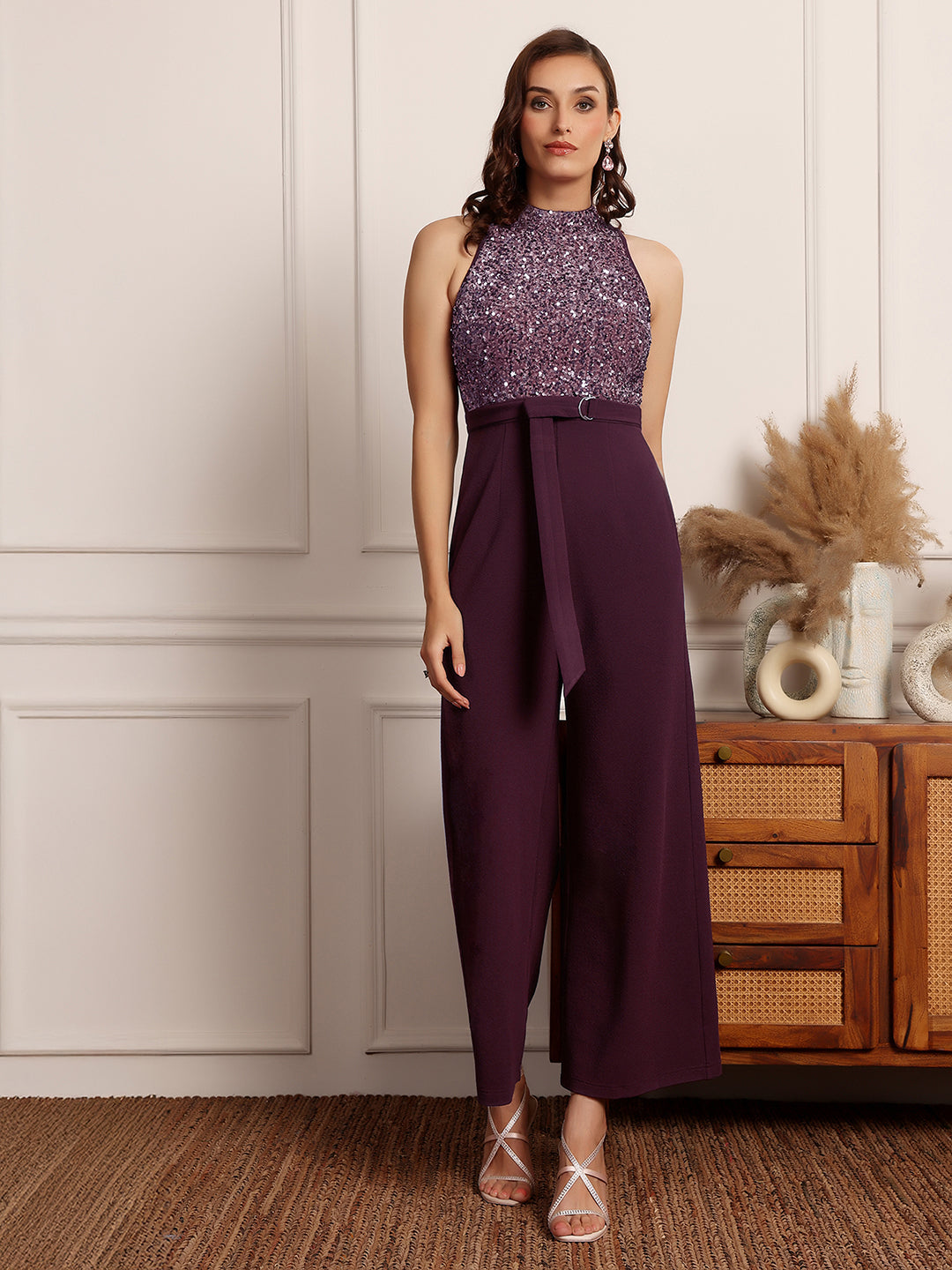 Women's Dark Purple Halter Neck Sleeveless Embellished Regular-Length Jumpsuit