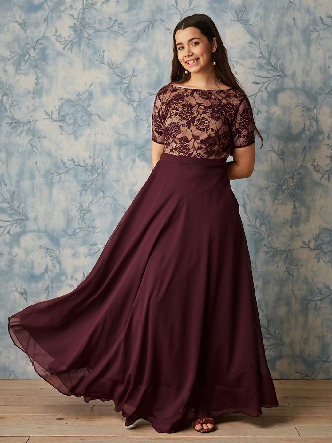 Wine & Beige Relaxed Fit Georgette Maxi Dress for Women