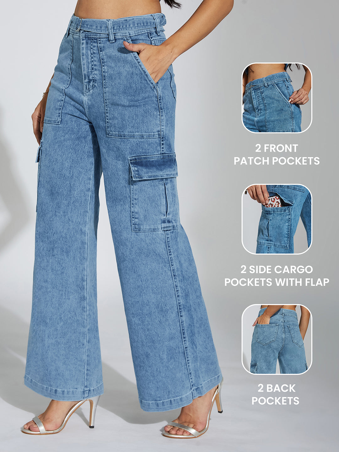 Women's Mid Blue Wide-Leg High-Rise Clean-Look Stretchable Cargo Denim Jeans