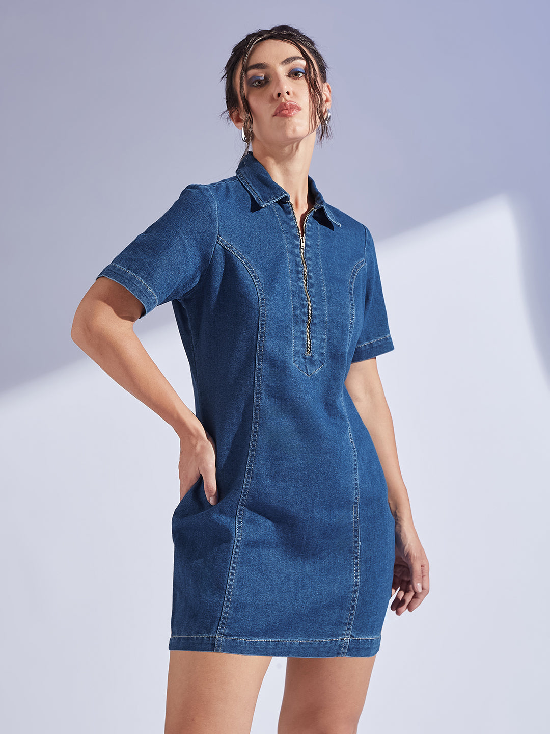 Women's Dark Blue Collared Half Sleeve Princess Seam Sheath Mini Dress