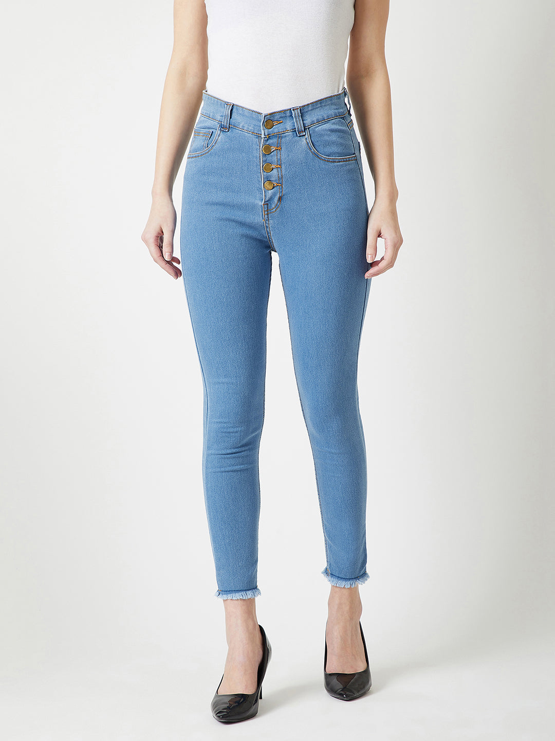 Women's Blue Skinny Solid High-Rise Clean-Look Cropped Fringed Hemline Detailing Stretchable Denim Jeans