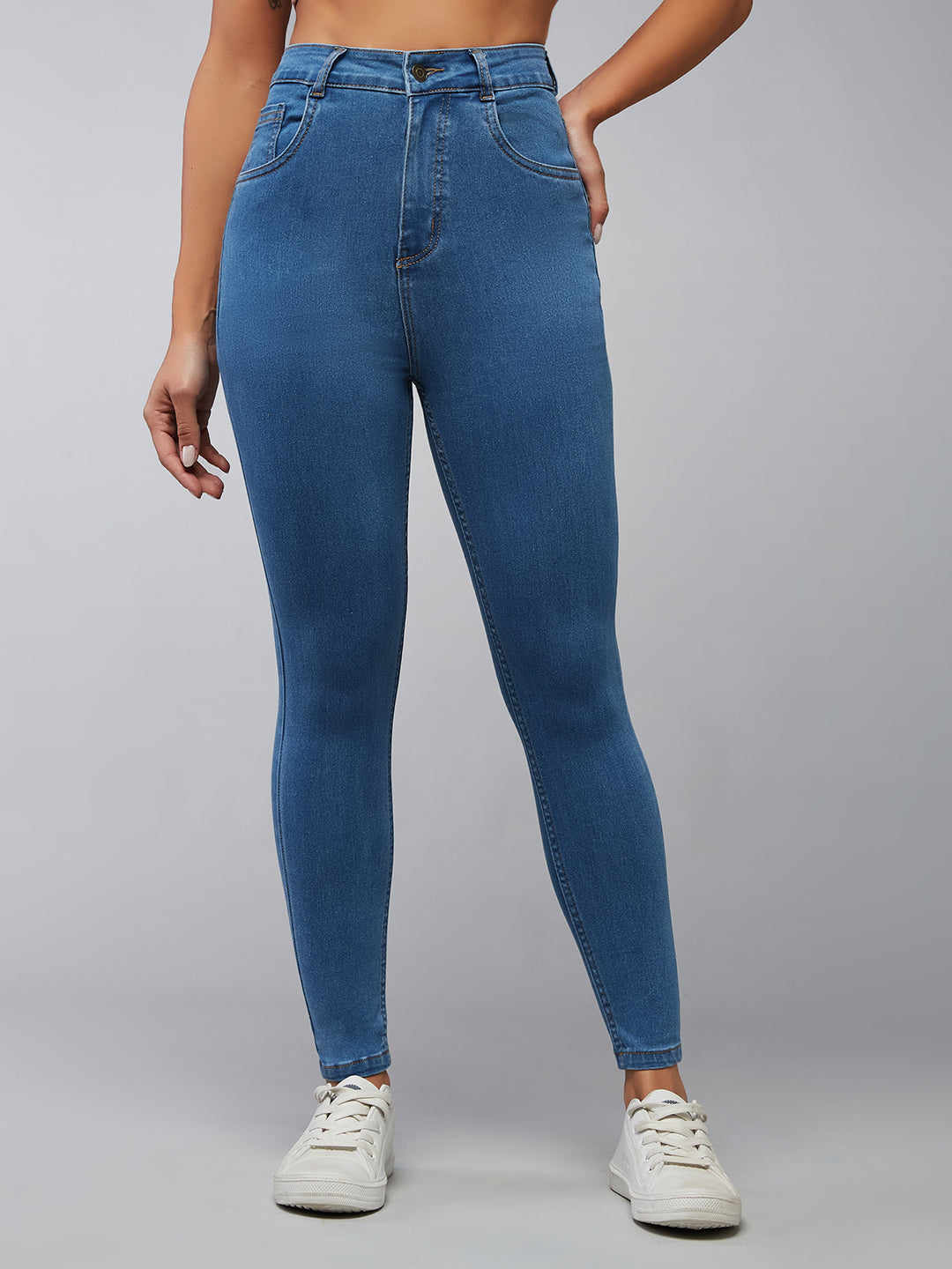 CHASEstretch™ Women's Blue Solid Skinny High-Rise Cropped Fringe Detailing Solid Stretchable Denim Jeans