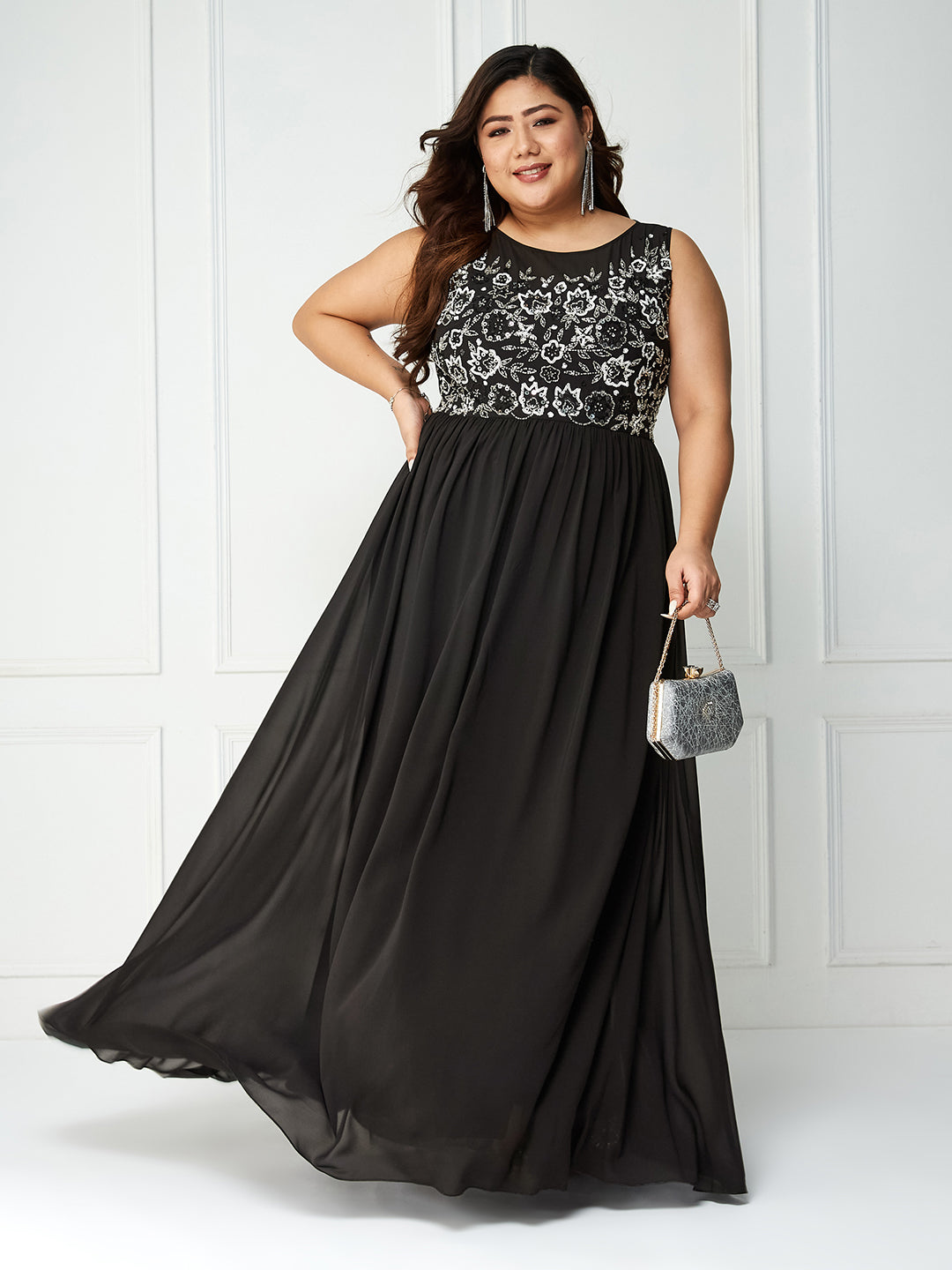 Body Bliss Black Solid Sequin Embroidery Maxi Dress
