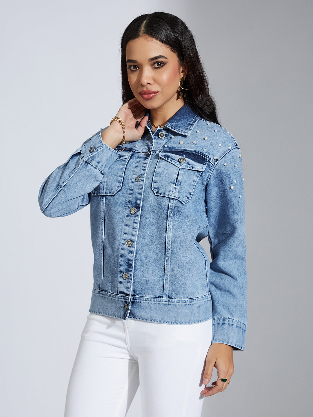 Women's Light Blue Full Sleeve Solid Embellished Pearl Denim Jacket