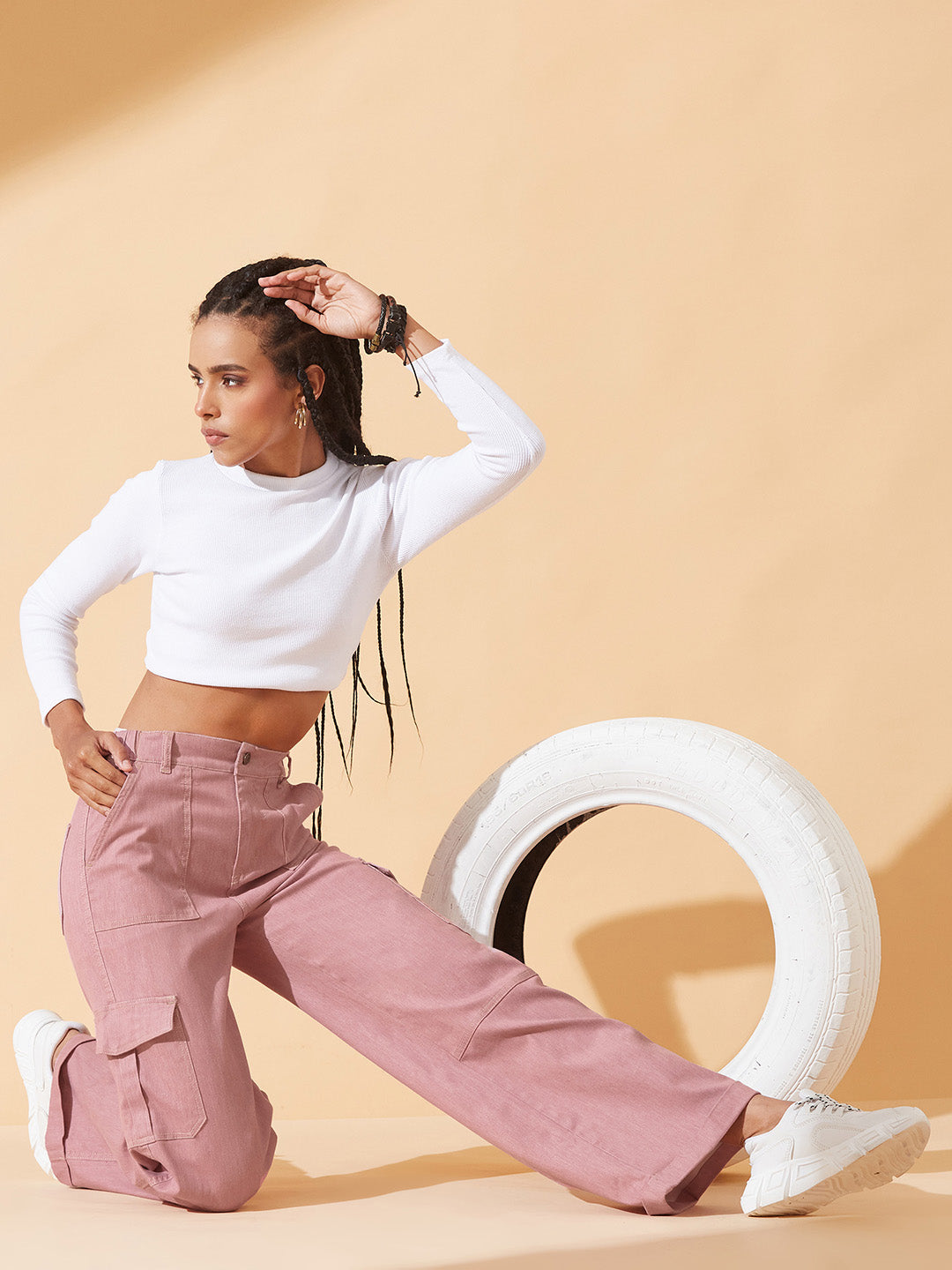 Rose Pink Wide-Leg High-Rise Clean-Look Regular-Length Stretchable Denim Pants for Women