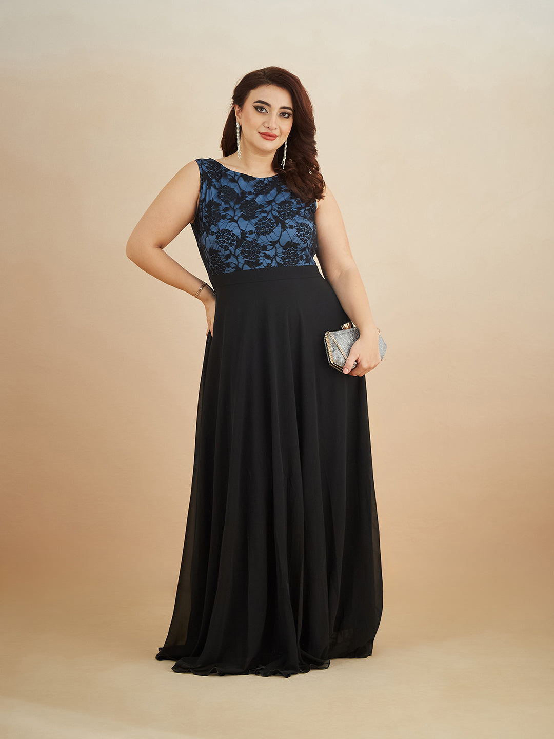 Blue & Black Round Neck Sleeveless Georgette Floral Lace Fit & Flare Maxi Dress for Women
