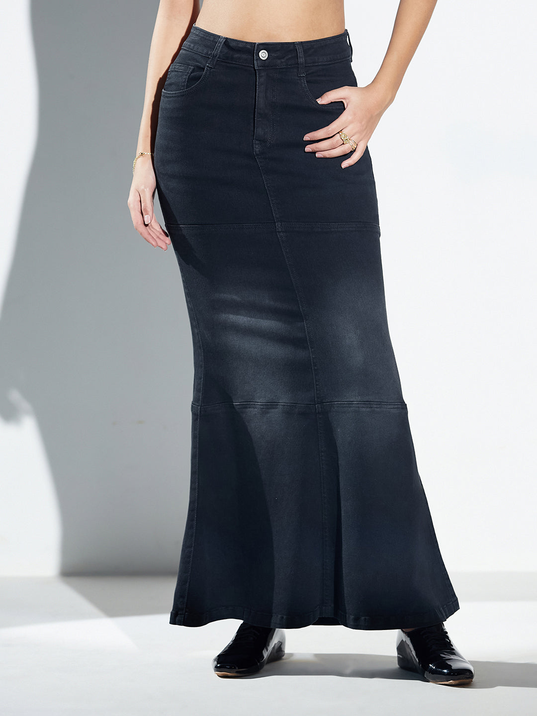 Black Mermaid High-Rise Maxi Stretchable Denim Skirt for Women