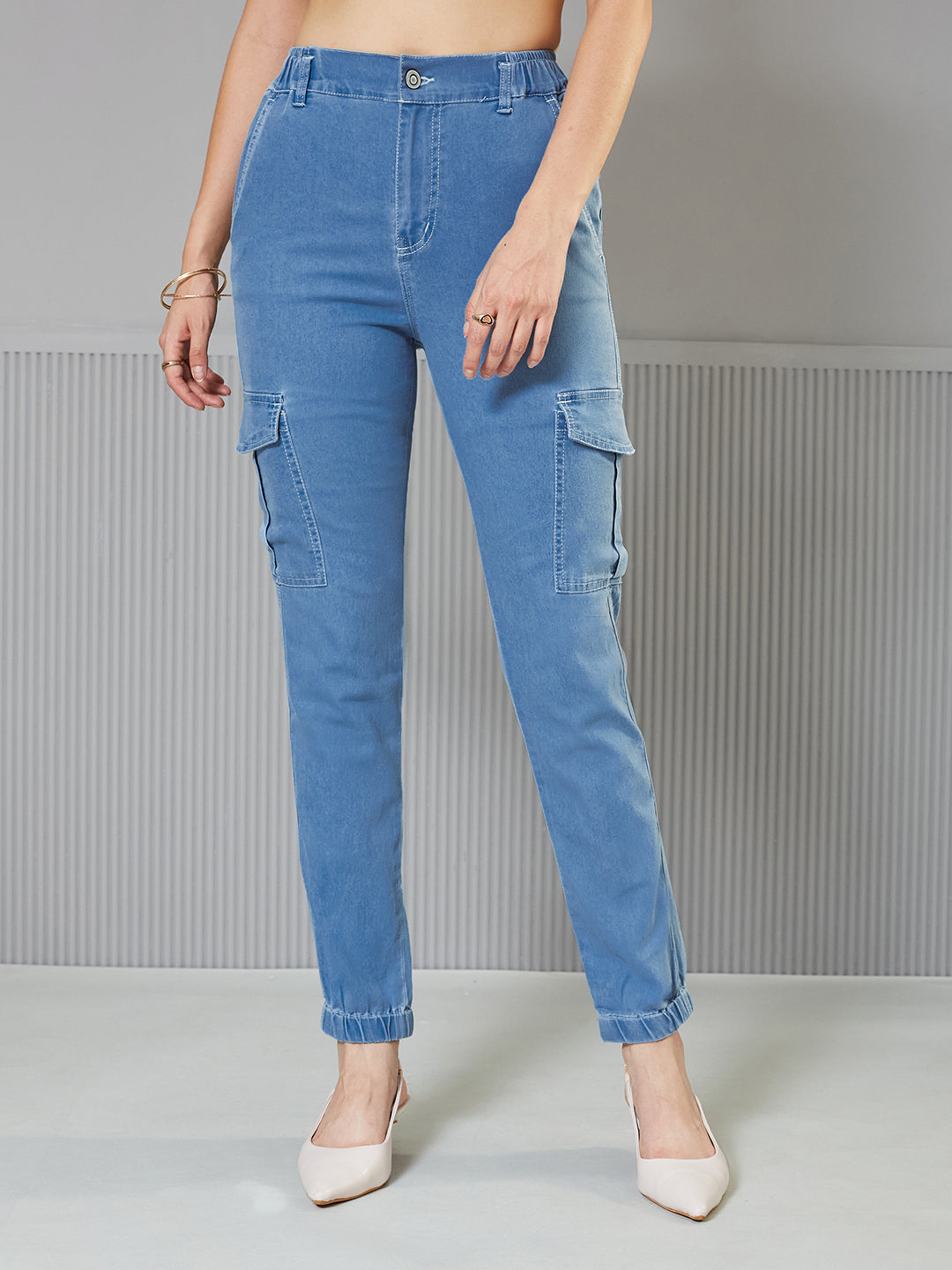 Light-Blue Regular High-Rise Regular Stretchable Light Weight Denim joggers for Women