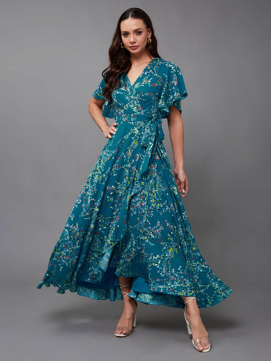 Turquoise Floral Printed Layered Maxi Dress for Women Turquoise Floral Printed Layered Maxi Dress for Women