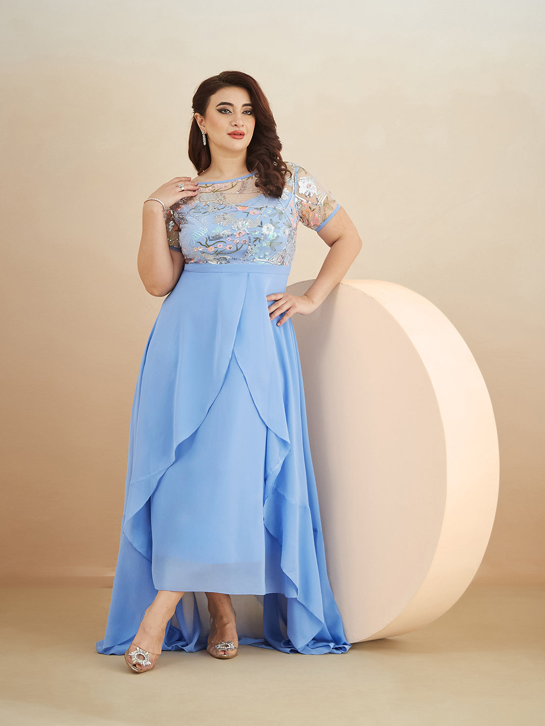 Multicolored-Base-Sky Blue Round Neck Short Sleeve Floral Layered Georgette Midi Dress for Women