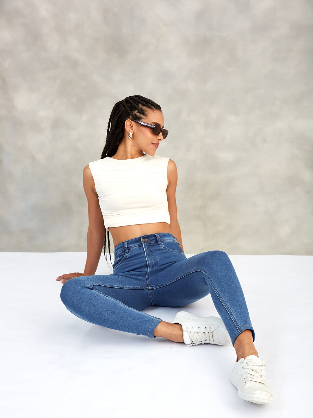 Women's Blue Skinny High-Rise Distressed Cropped Denim Jeans