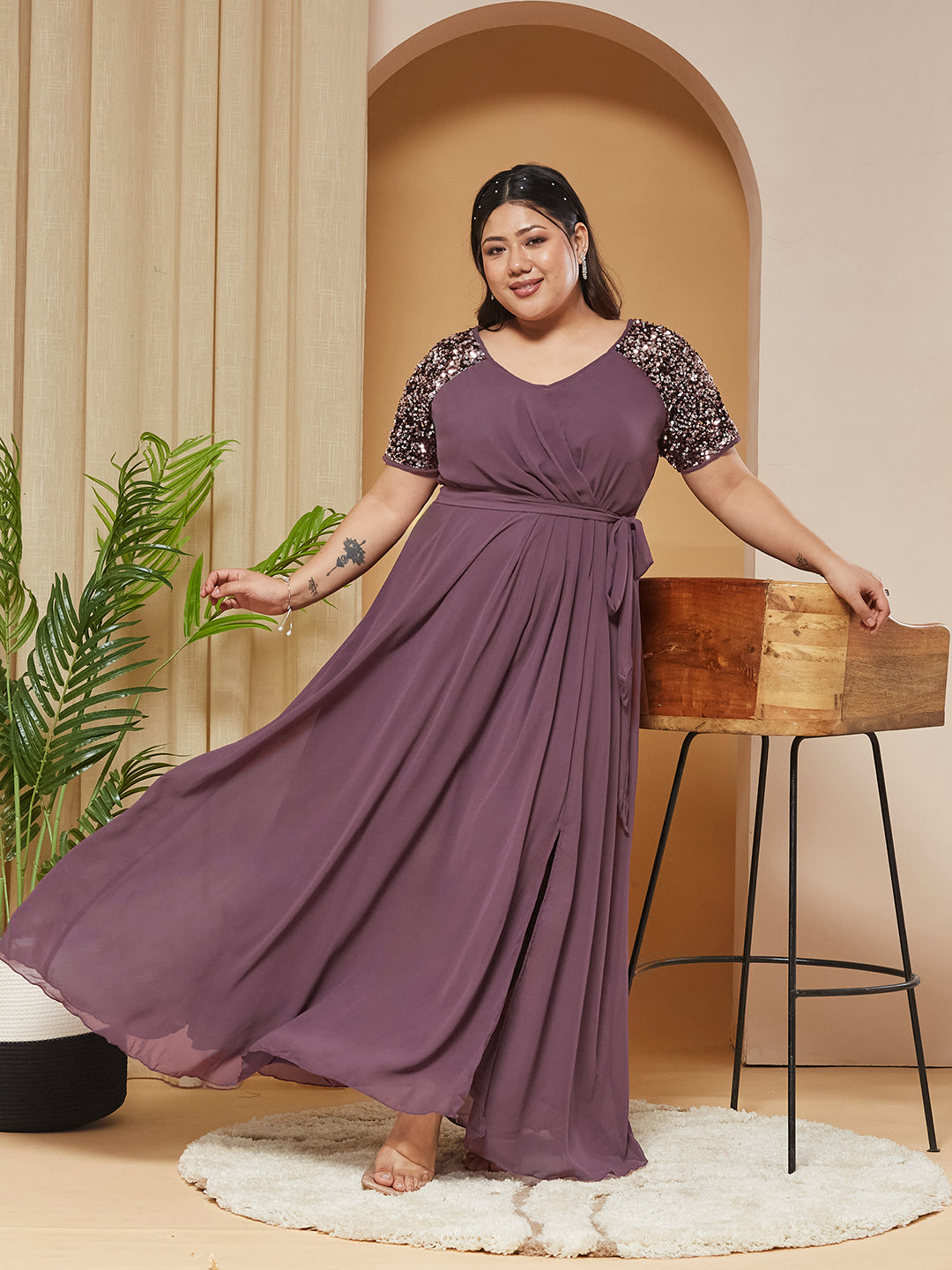 Mauve Relaxed Fit Maxi Georgette Dress for Women