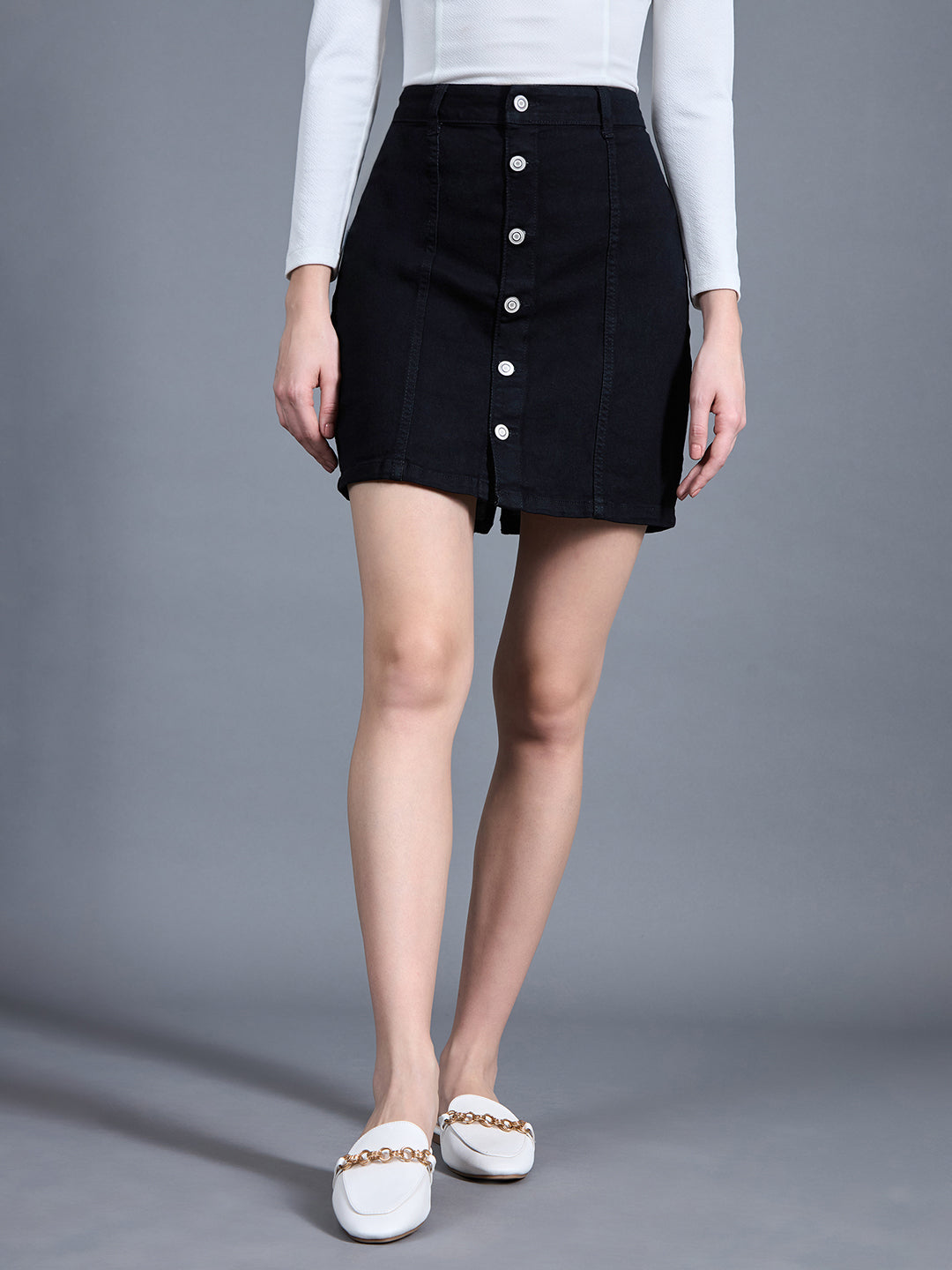 Black Stretchable Solid A-line Mini Denim Skirt for Women