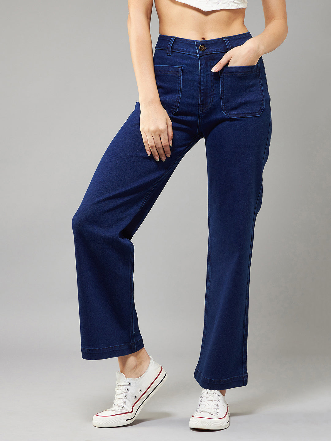Women's Navy-Blue Flared High-Rise Stretchable Denim Jeans