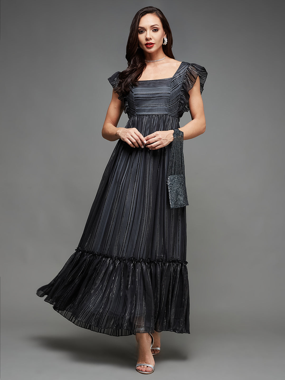 Black Ruffled Sleeves Shimmery Maxi Dress Long Dress Frock