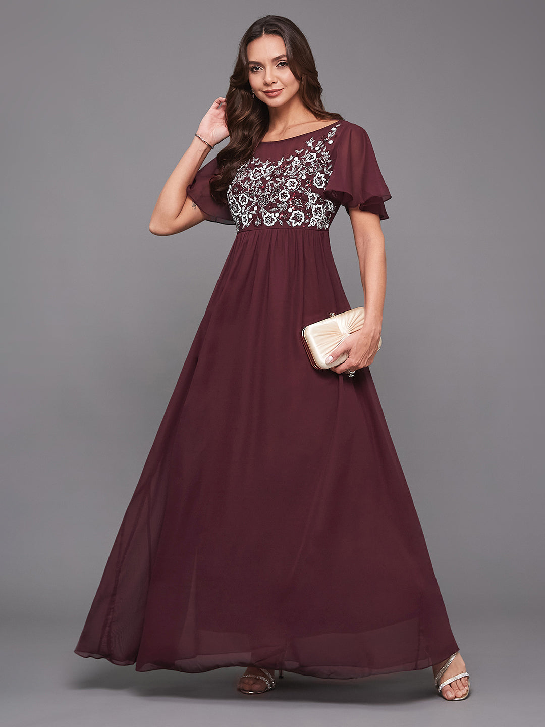 Women's Wine Boat Neck Half Sleeve Solid Embellished Georgette Maxi Dress