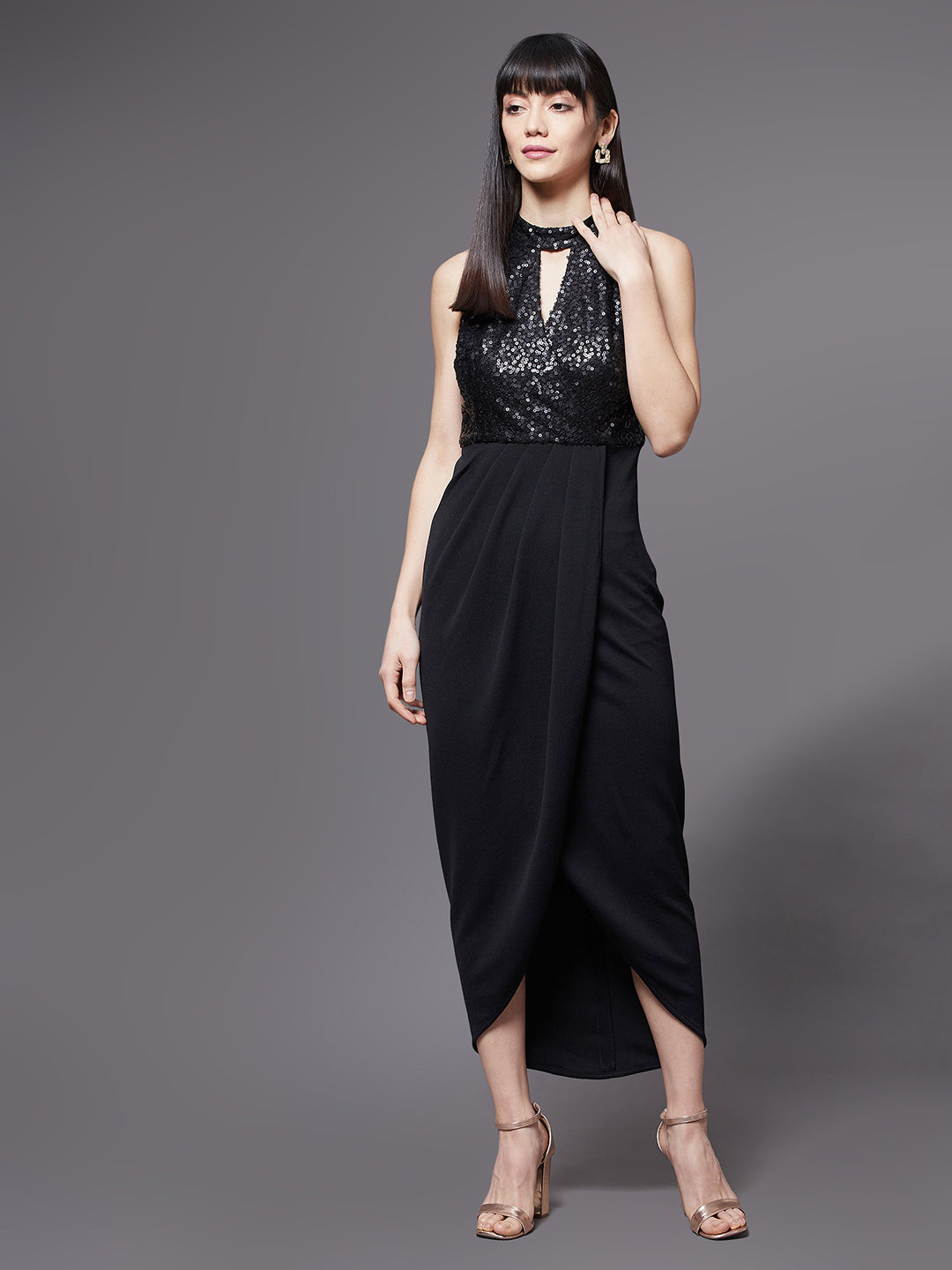 Crease Ease Women's Black Halter Neck Sleeveless Sequined Party Midi Dress
