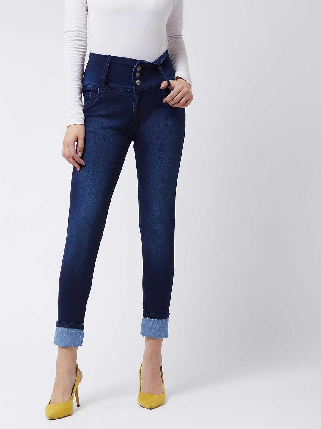 Women's Navy-Blue Skinny-Fit High-Rise Printed Turner Detailing Stretchable High-Rise Denim Jeans