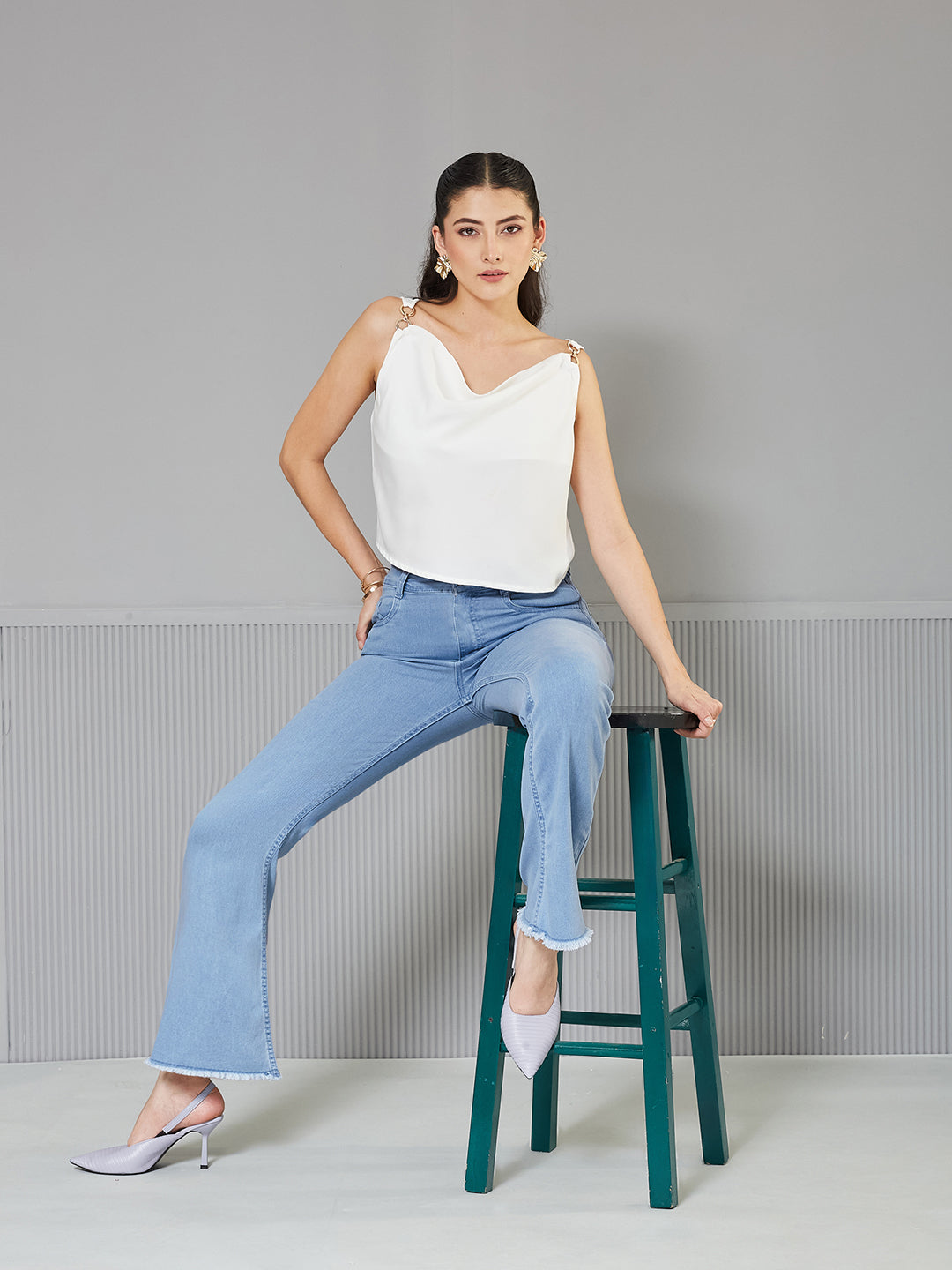 Light-Blue Boot Cut High-Rise Cropped Stretchable Denim Jeans for Women