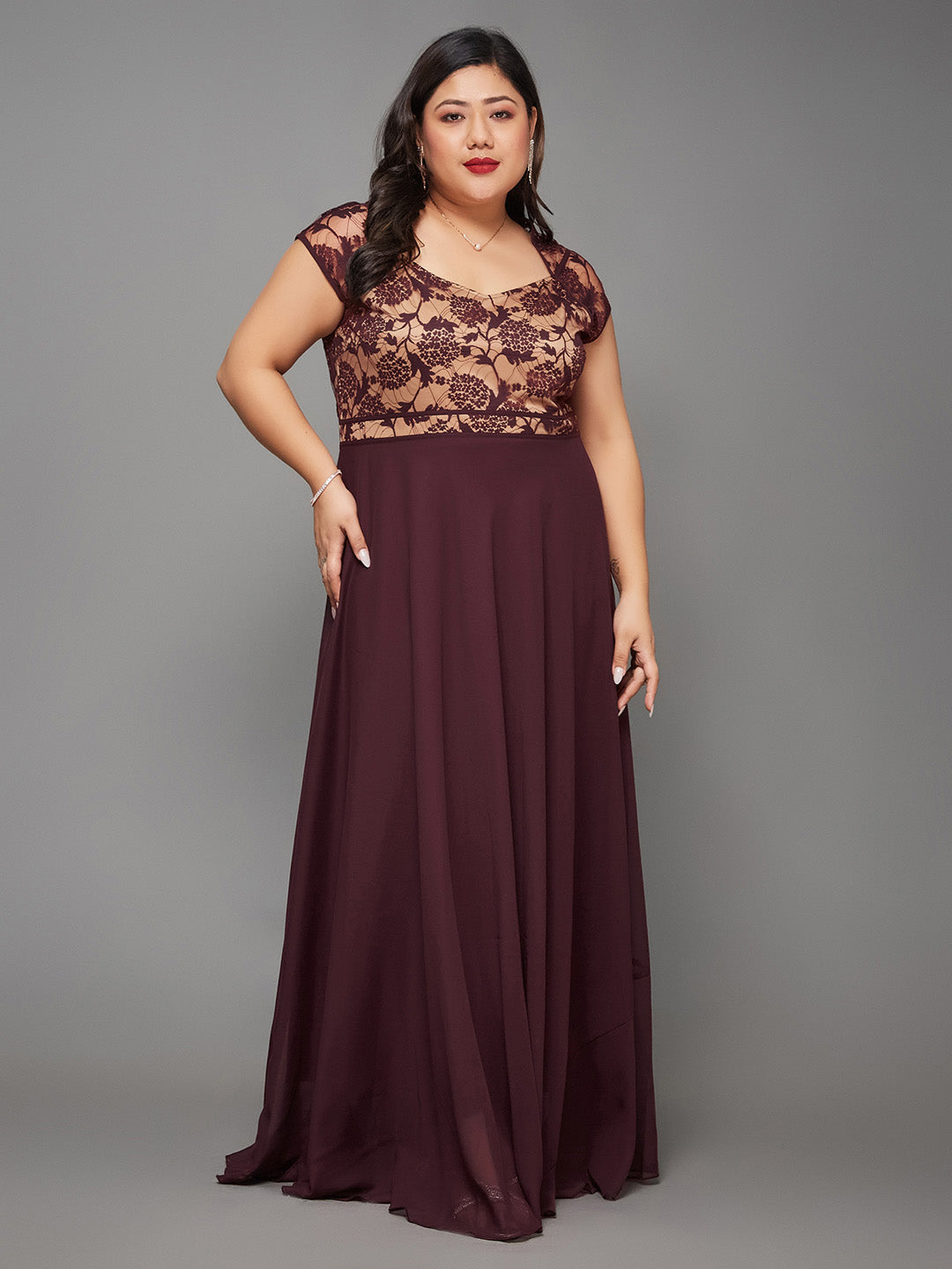 Body Bliss Wine & Beige Floral Lace Overlaid Fit & Flare Paneled Maxi Dress
