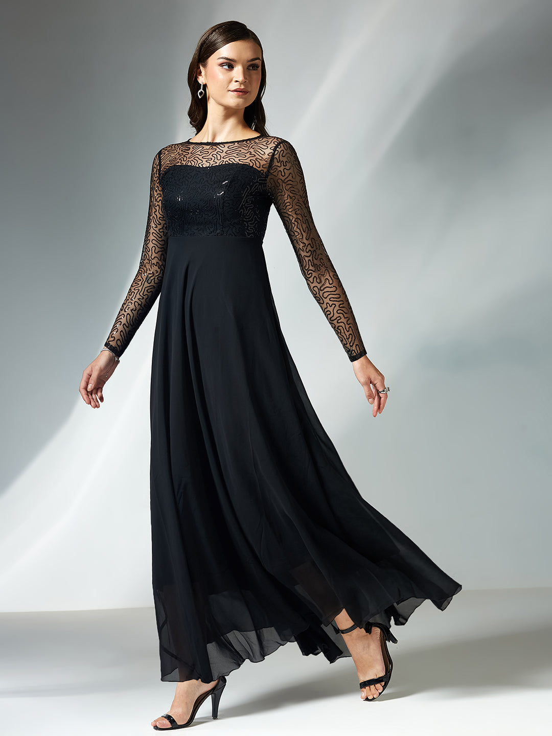 Women's Black Solid Embellished Maxi Dress
