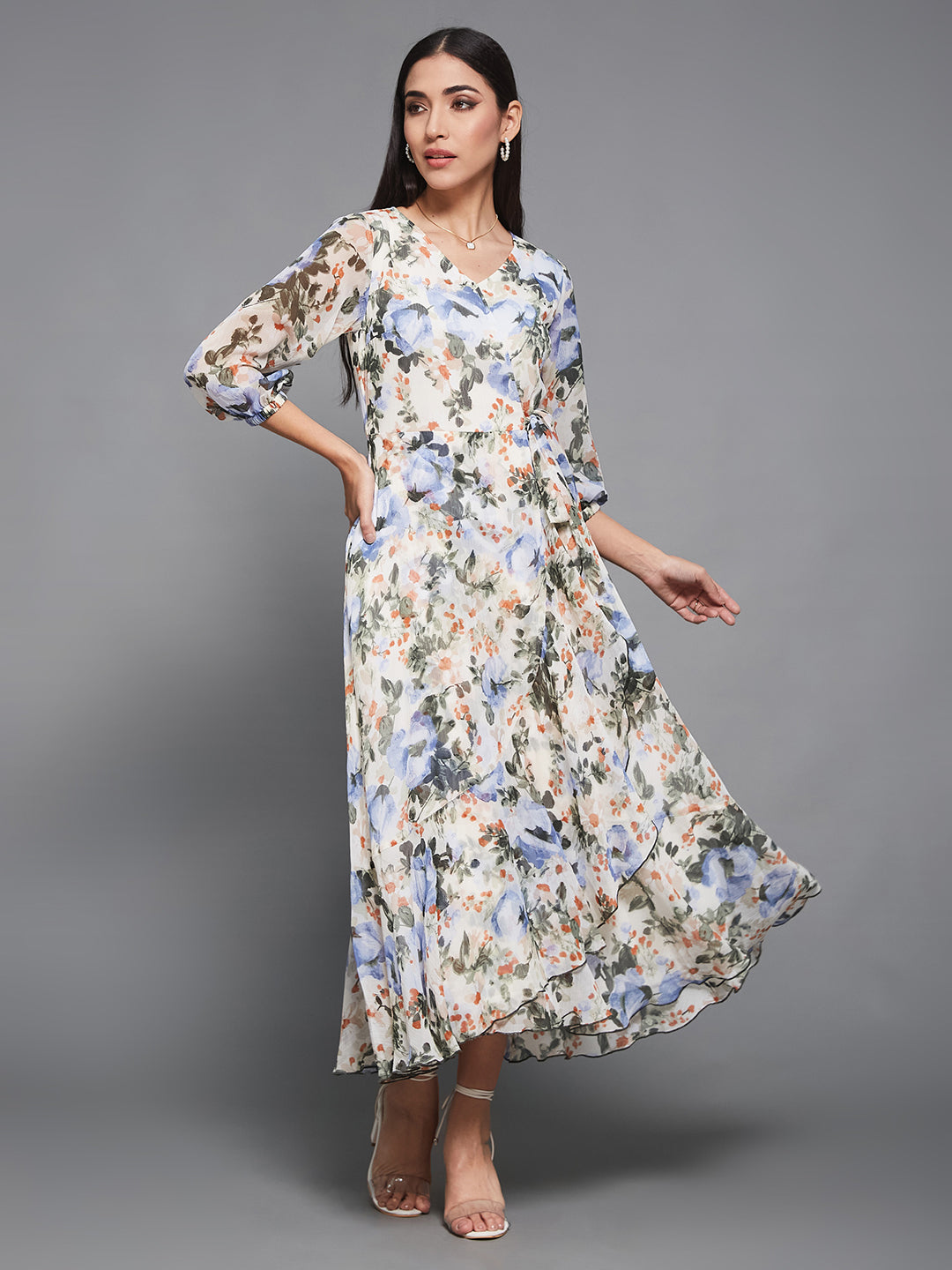 Women's Multicolored-Base-Off White V-Neck Three-Quarter Sleeve Floral Wrap Chiffon Midi Dress