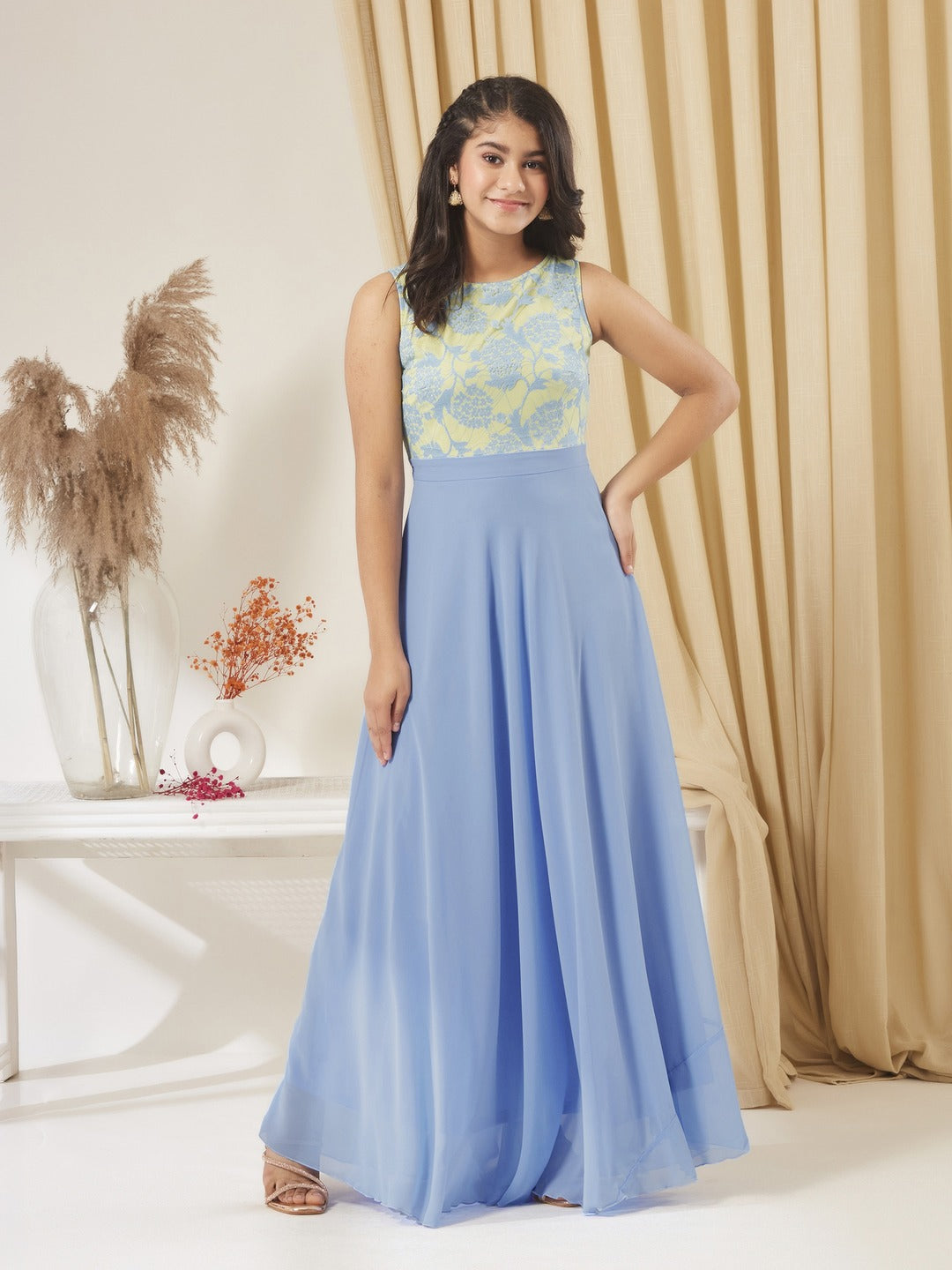Sky Blue Round Neck Sleeveless Georgette & Lace Floral Fit & Flare Maxi Dress for Girls/Teenagers