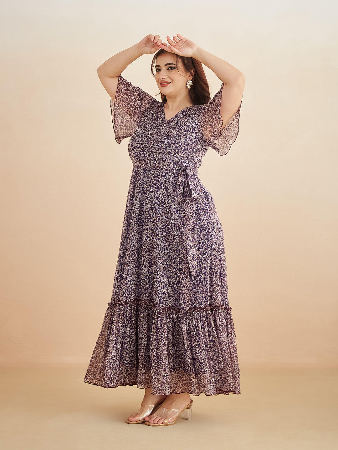 Multicolored-Base-Purple V Neck Flared Sleeve Floral Wrap Chiffon Maxi Dress for Women