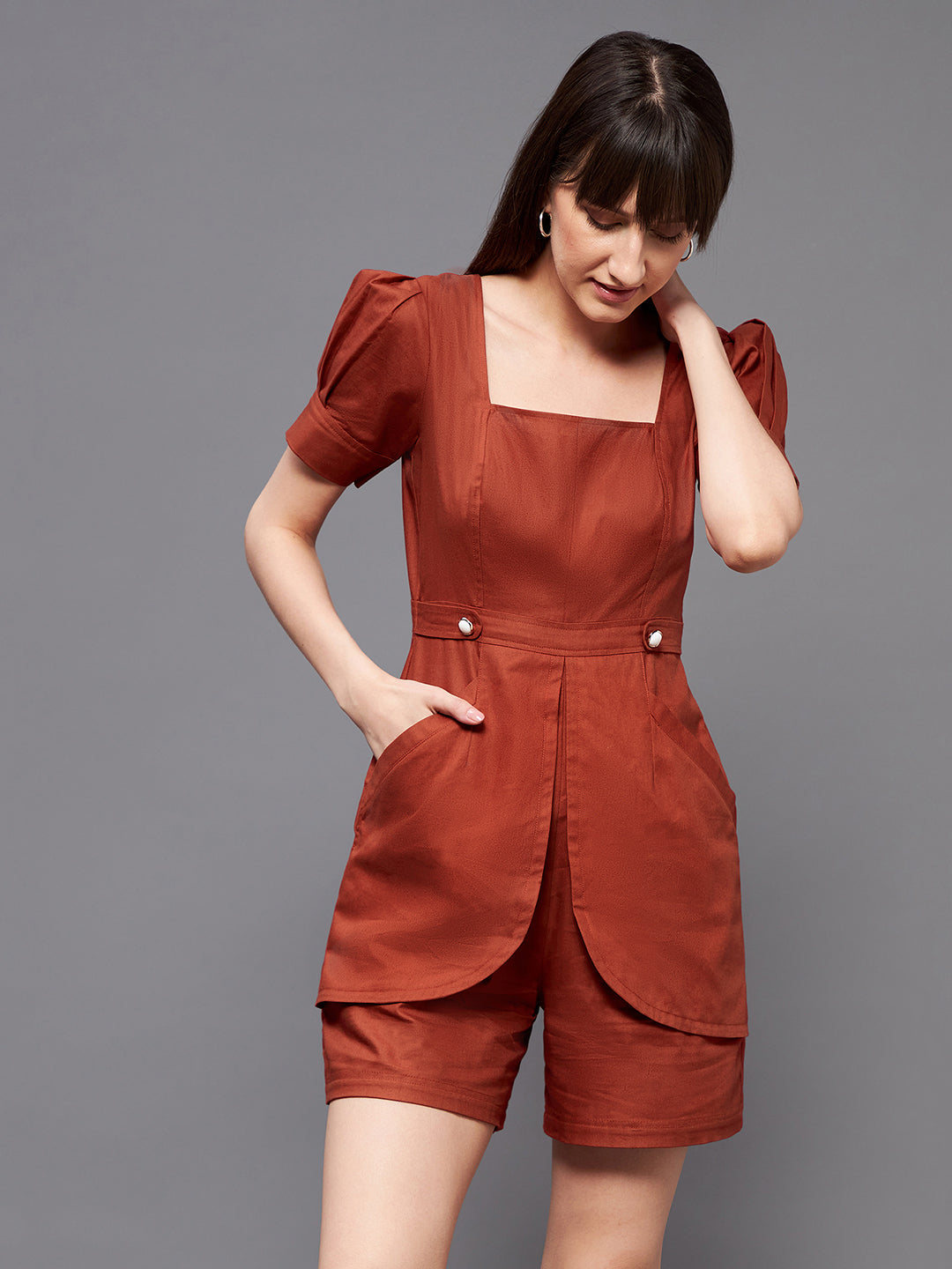 Women's Rust Square Neck Pleated Cotton Solid Flap Pockets Short Playsuit