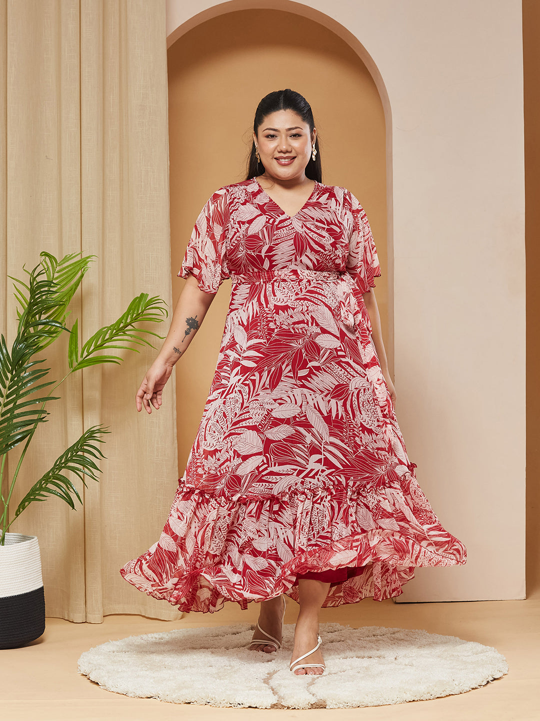 Multicolored-Base-Maroon V-Neck Flared-Sleeves Floral Wrap Maxi Dress for Women