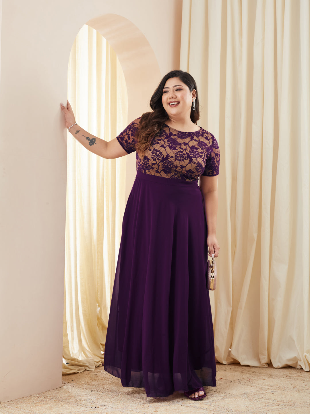 Dark Purple Round Neck Half Sleeve Self Design Fit & Flare Georgette Maxi Dress for Women