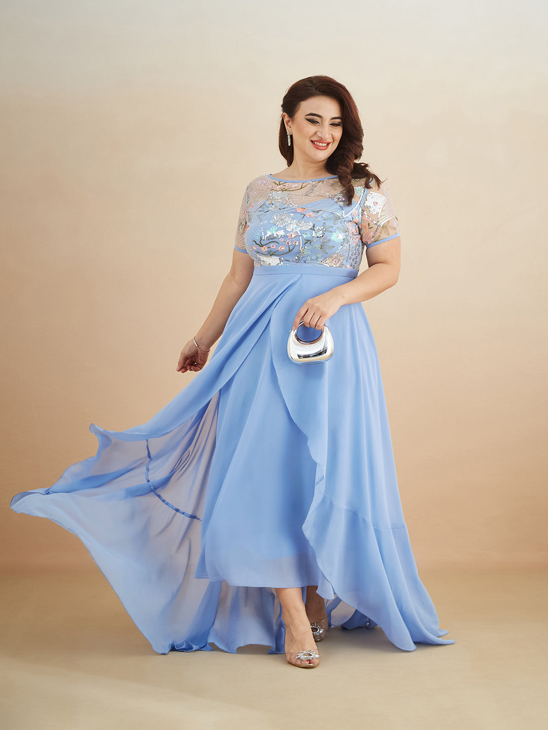 Multicolored-Base-Sky Blue Round Neck Short Sleeve Floral Layered Georgette Midi Dress for Women — Miss Chase A+