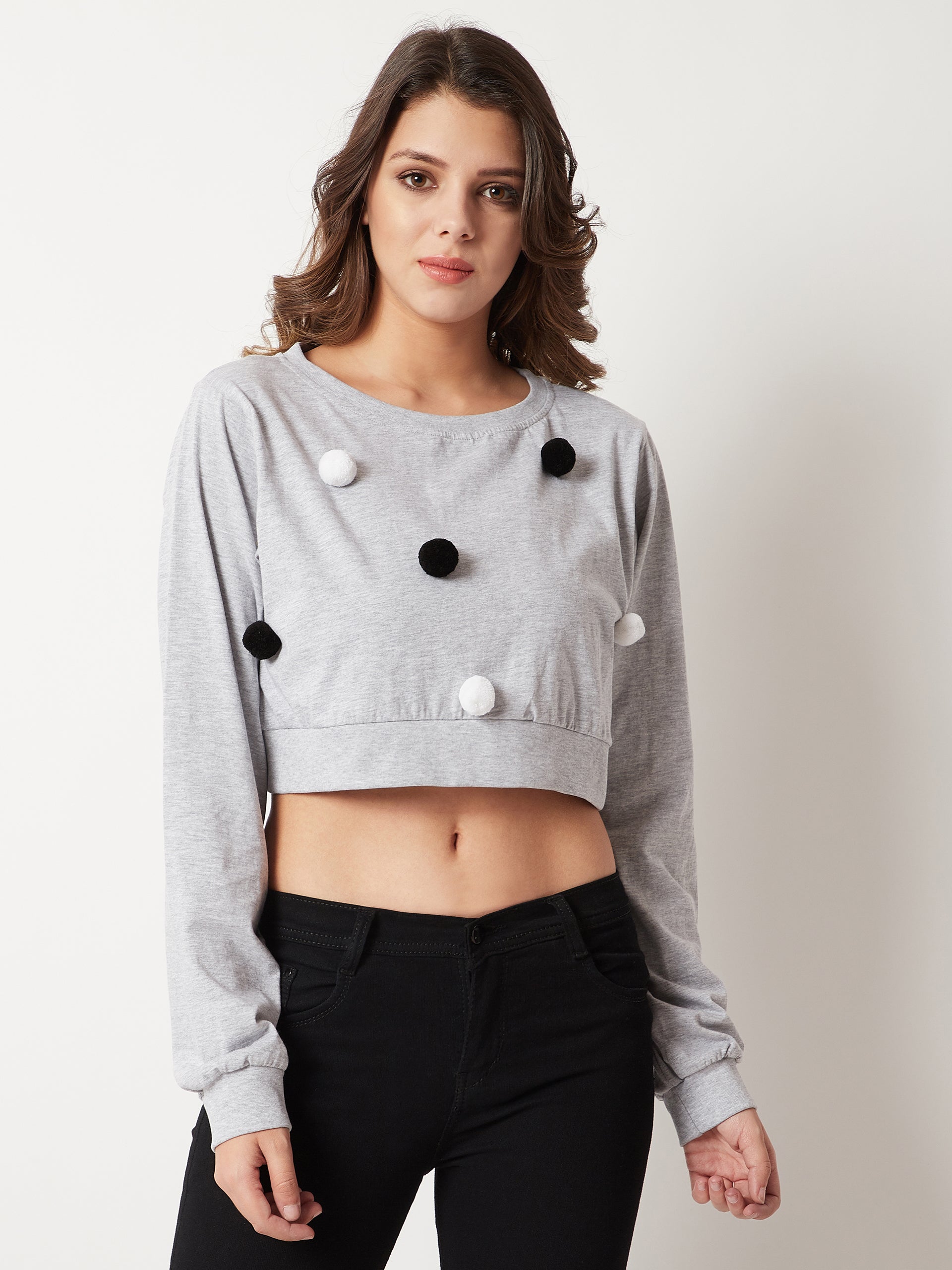 Women's Grey Round Neck Full Sleeve Cotton Solid Pompom Detailing Boxy Crop Top
