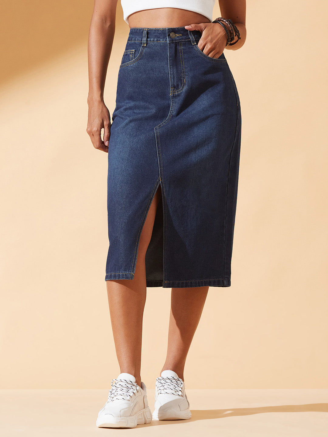 Dark Blue A-Line High-Rise Clean-Look Non-stretchable Denim Midi Skirt for Women