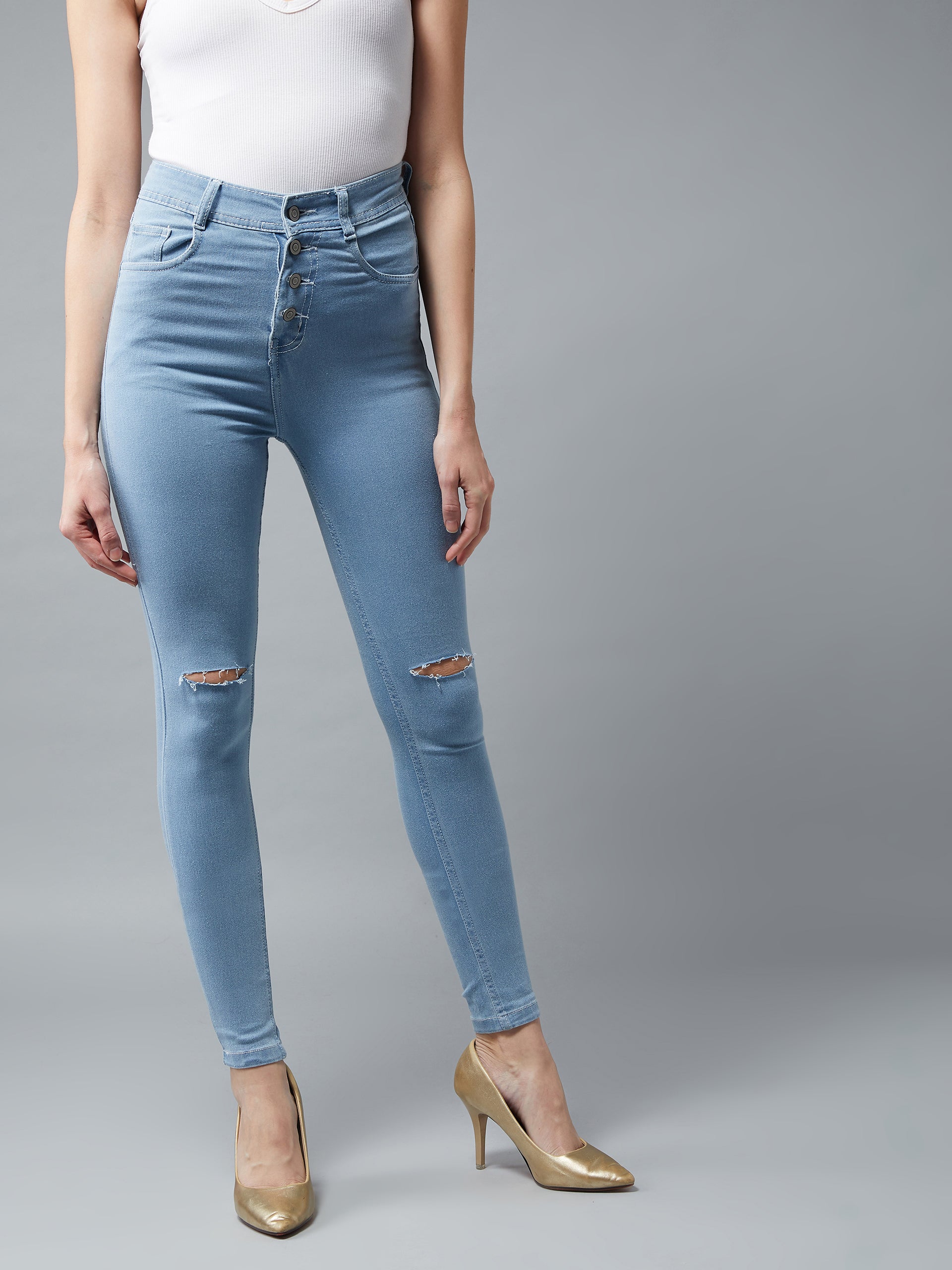 Women's Light Blue Skinny High-Rise Distressed Denim Jeans