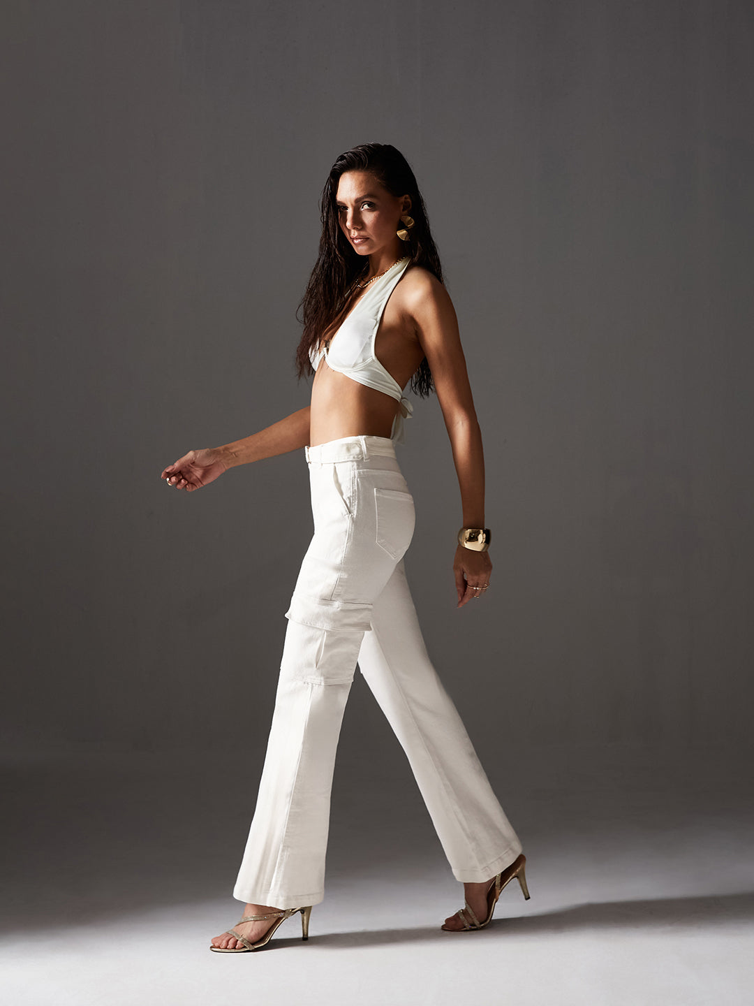 CHASEstretch™ White Wide-Leg High-Rise Cargo Denim Jeans for Women