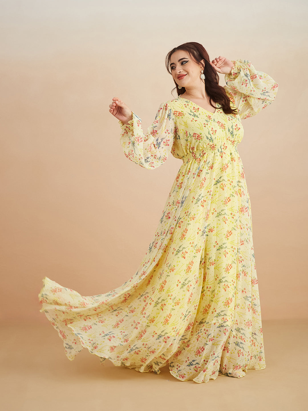 Women's Multicolored-Base-Lime Yellow V-Neck Bishop Sleeve Floral Gathered  Chiffon Maxi Dress