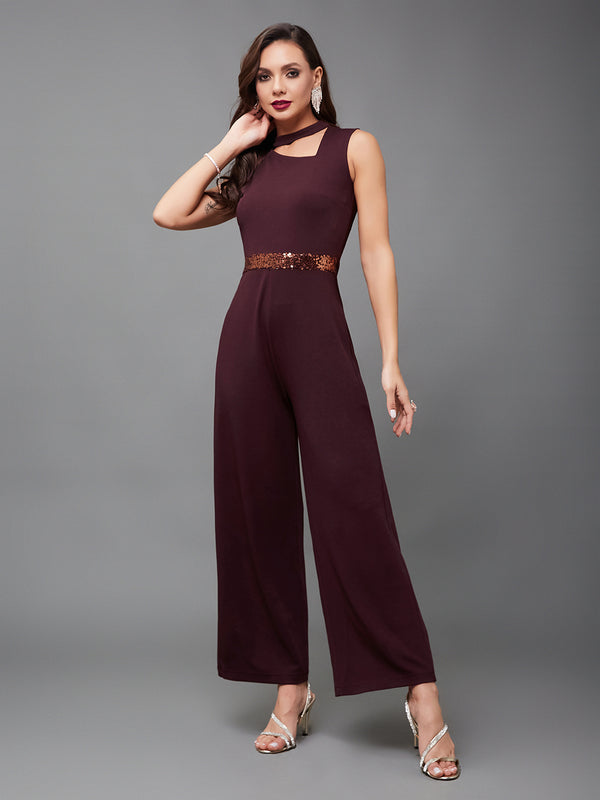 Women's Wine Collared Sleeveless Solid Asymmetric Neck Cut-Out Regular Length Jumpsuit