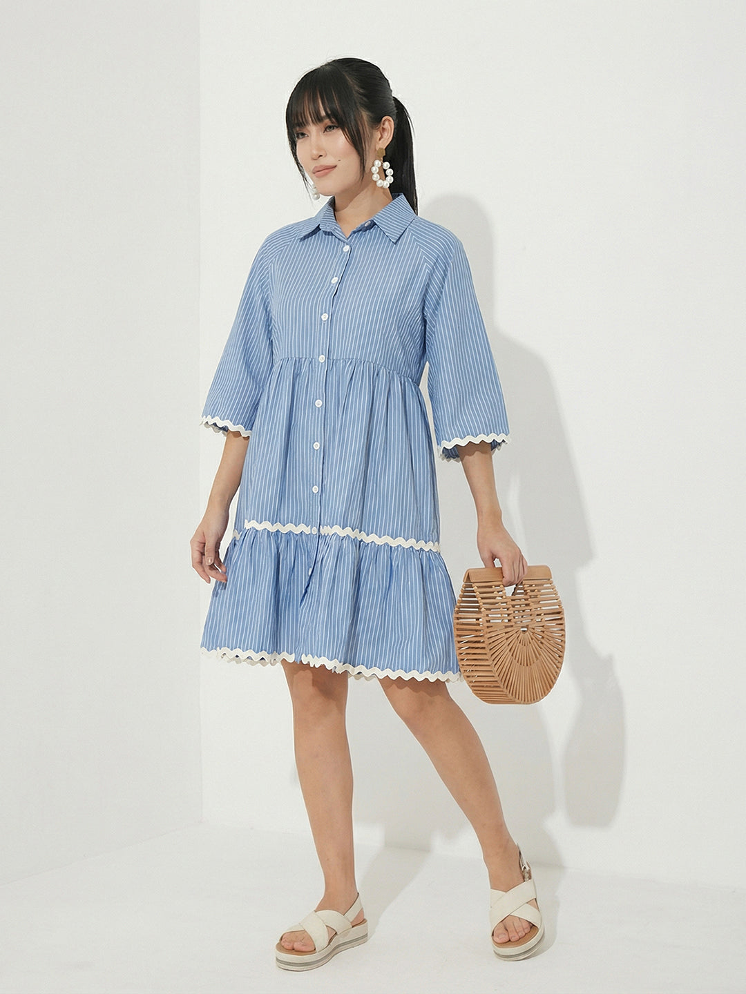 Light Blue Striped Cotton Shirt Dress with Flared Sleeves and Tiered Hem for Women