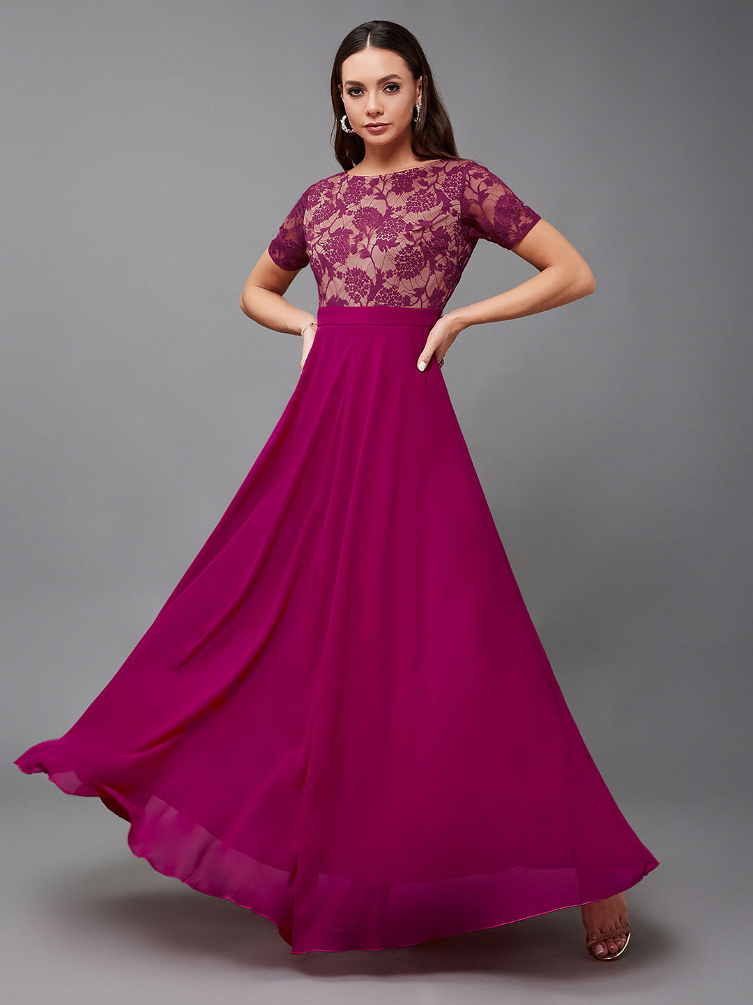 Dark Pink Short Sleeves Lace Fit and Flare Maxi Dress Long Dress Frock for Women