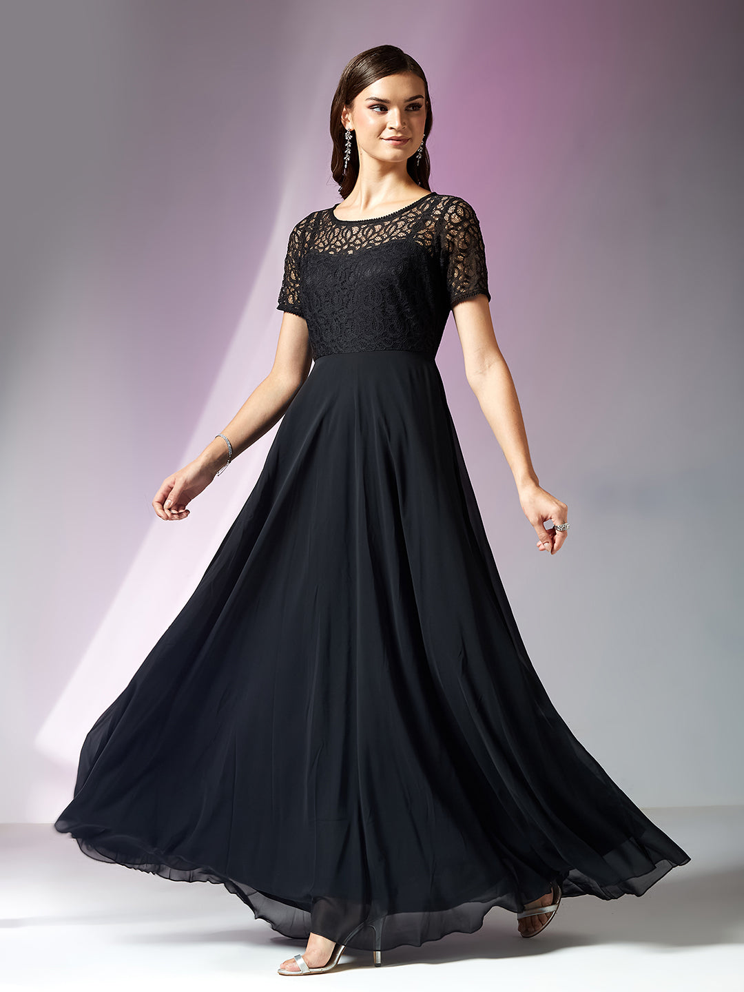 Black Short Sleeves Lace Fit and Flare Maxi Dress for Women