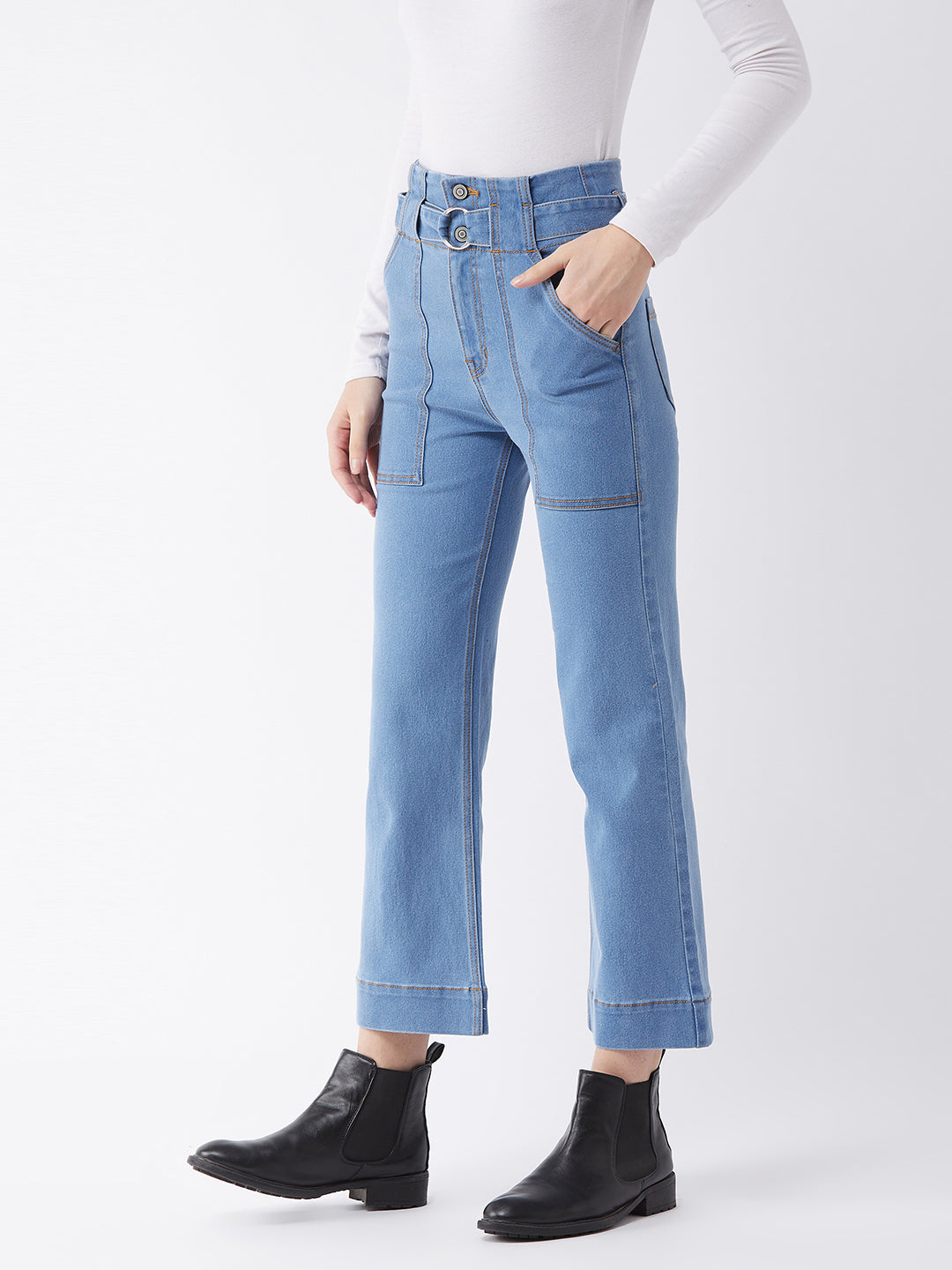 Women's Light Blue flared High-Rise Clean-Look Cropped Stretchable Denim Jeans