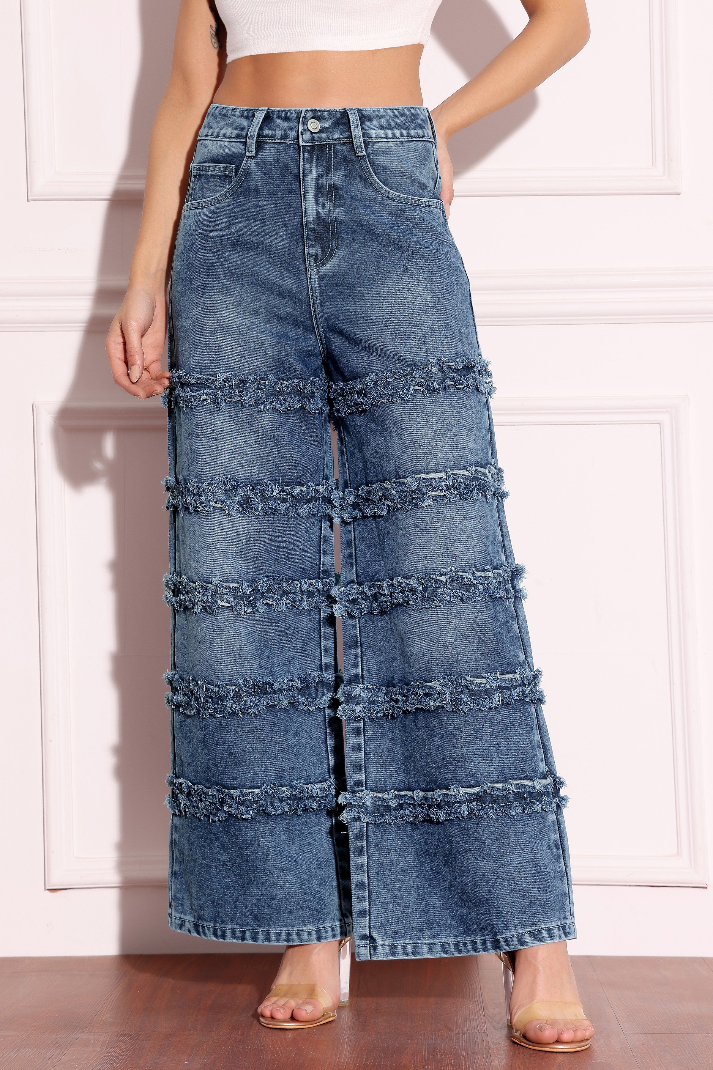 Women's Navy-Blue Wide-Leg High-Rise Highly-Distressed Regular-Length Denim Jeans